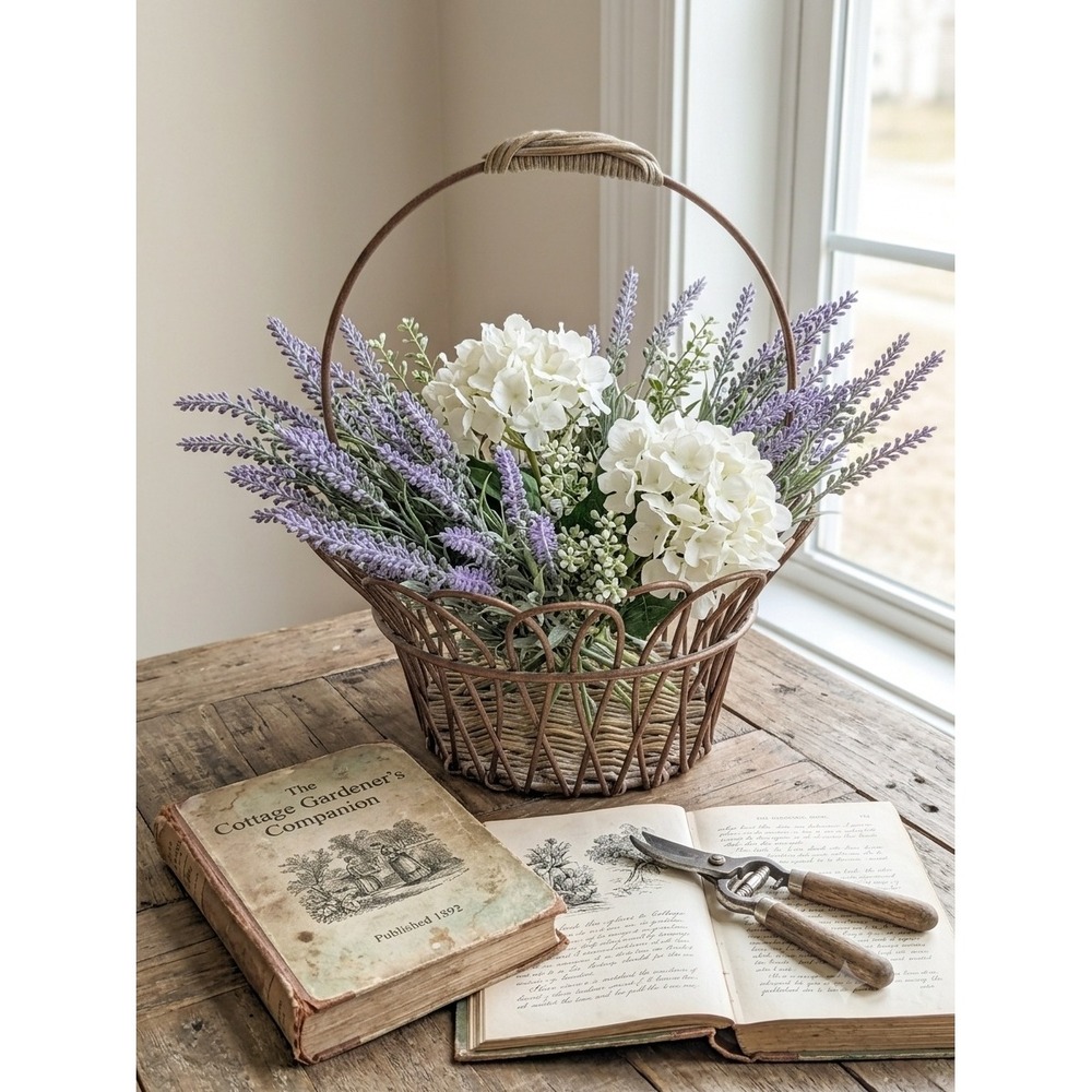 Vintage Bronze Wire Scalloped Petal Basket Woven Wicker Base Farmhouse Decor